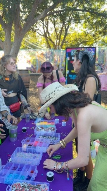 The bead bar's purple table.