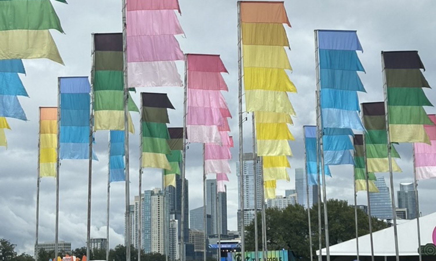 The flags on the Great Lawn, with the downtown skyline behind them.