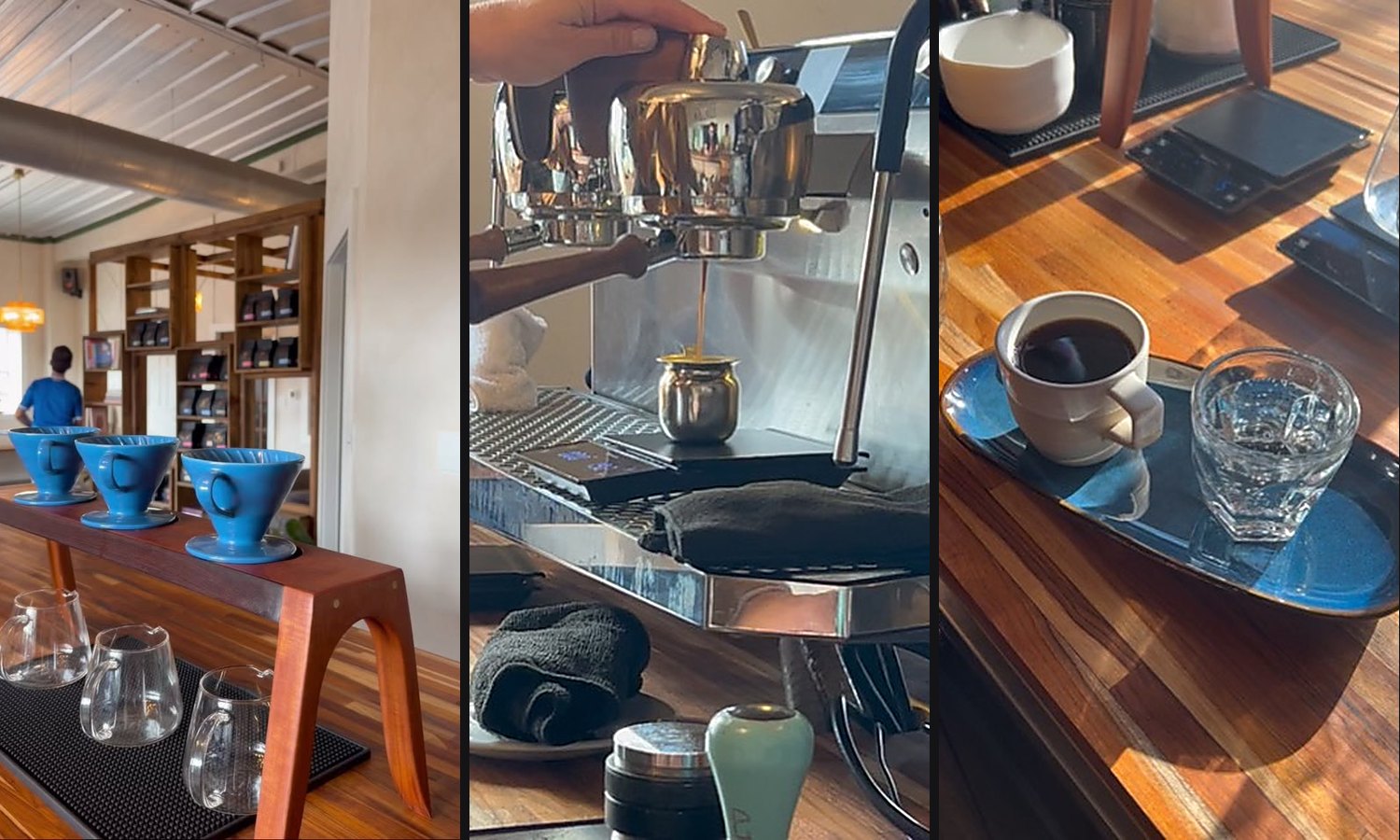 Three cones on the rail, a shot pulling into the pitcher, and the house drip on its tray. The whole operation is one run of butcher block.