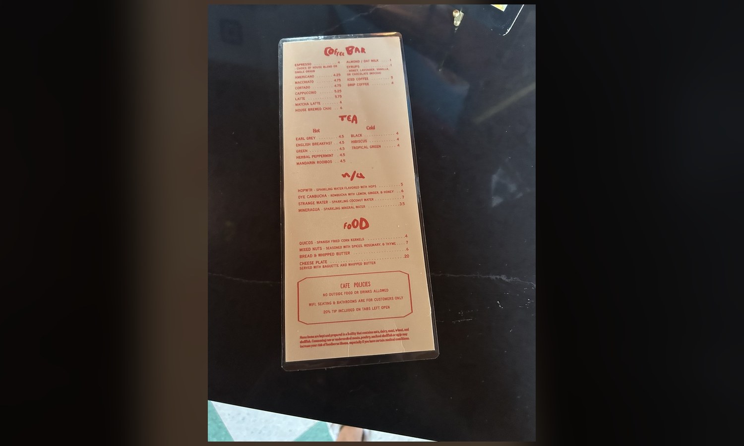 The daytime card: coffee, tea, non-alcoholic, and four food items